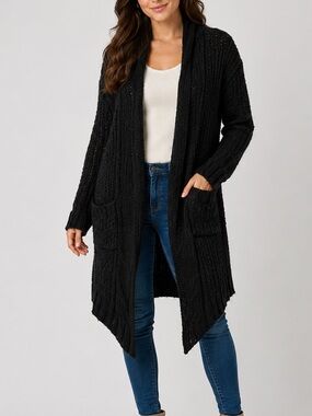 Lola’s Room Black Chunky Knit Open Front Cardigan Sweater – Small